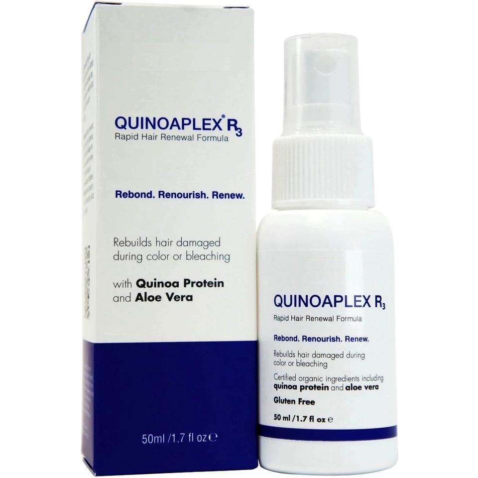 A bottle of QUINOAPLEX R3 Rapid Hair Renewal Formula with its box
